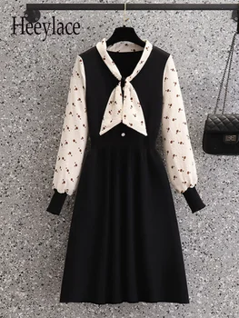 Корейское сладкое осеннее платье для женщин с длинным рукавом принт пэчворк поддельные две части с высокой талией A-line трикотажные платья-свитер 4XL