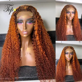 Topodmido 4x4 бразильские парики Remy Hair Closure для женщин Омбре Имбирный цвет 13x6 Кудрявые парики из натуральных волос с предварительно выщипанной линией роста волос
