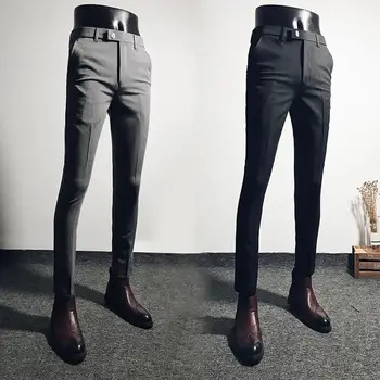 Популярные мужские укороченные брюки Хорошее прикосновение Кожа на ощупь Мужские деловые брюки Slim Fit Zipper Fly Деловые брюки