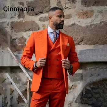 Изготовленные на заказ мужские костюмы темно-оранжевый жених смокинги лацкан жениха 3 шт. комплект свадебный ( + брюки + жилет )Костюм