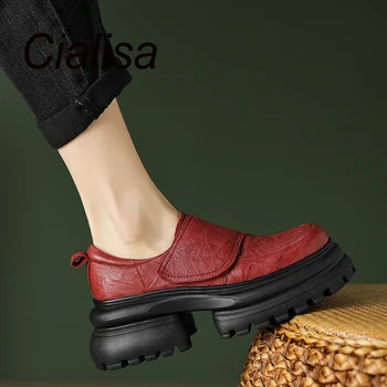 Cialisa Повседневные лоферы на платформе Женская обувь с круглым носком 2023 Осень Натуральная кожа Коренастые высокие каблуки Женская обувь Черный Красный