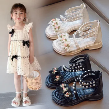 Сандалии для девочек Детская пляжная обувь с жемчужным цветком 2023 Летние детские балетки Повседневная принцесса Baby Нескользящие сапоги с высоким верхом из бисера