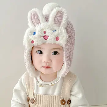 Мультяшный кролик Детская плюшевая шапка Зимняя теплая шапка-бини из искусственного меха для младенцев Милый помпон Малыш Защитные шапки для ушей Наушники Чепчик