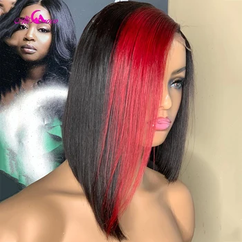  черный с красным 180 плотностью бразильский прямой боб парик парик из натуральных волос 13x4 прозрачный кружевной фронтальный парик для женщин предварительно выщипанный