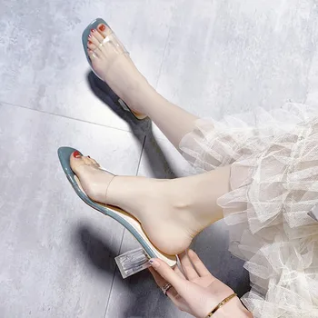 Кристально чистые прозрачные тапочки на каблуке Женская обувь Средние каблуки Удобные новые летние модные мюли Слайды 42