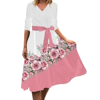 Женщины Модное платье с цветочным принтом Длинное розовое элегантное сексуальное платье с V-образным вырезом Осень и зима с длинным рукавом вечеринка vestidos 2023
