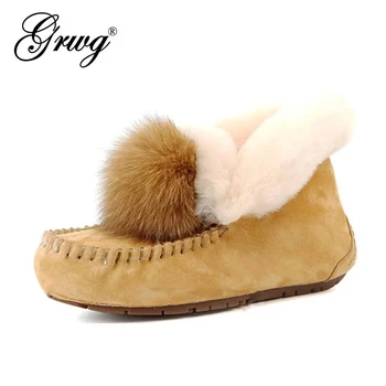 GRWG Зимняя обувь 100% натуральная кожа лоферы из натуральной шерсти зимние классические балетки для женской модной обуви