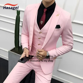 Розовый мужской костюм Деловой формальный пиджак Брюки Жилет Набор из 3 предметов Тонкий дизайн Свадебный смокинг Одежда жениха