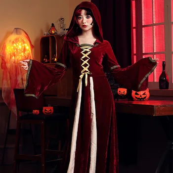 Хэллоуин Косплей Женщины Средневековый Ретро Красный Двор Платье принцессы с капюшоном Готический Элегантный Ведьма Волшебник Квадратный Воротник Толстовка Юбка