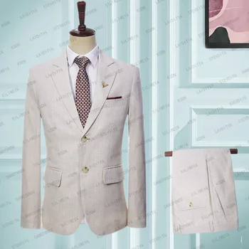 Роскошный мужской костюм Свадьба 2023 Светлый однобортный деловой пиджак цвета хаки Тонкий костюм из двух частей (пиджак + брюки)