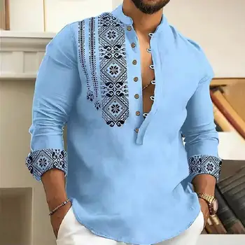 Мужская рубашка Винтажная рубашка с принтом Slim Fit с длинным рукавом для мужчин Этнический стиль Воротник Офис Топ с мягким дышащим для осени