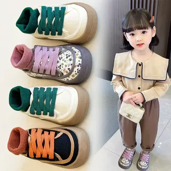 Детская холщовая обувь Мода для девочек Ретро Цветочный холщ Обувь Низкий верх Кроссовки с мягкой подошвой Размер 21-32