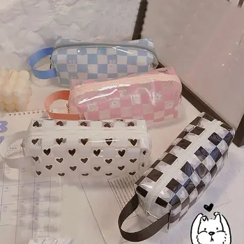 Портативный модный пенал для досуга Леди Корея Большая емкость Клетчатая сумка для стирки ПВХ Молния в корейском стиле Настольные сумки для хранения