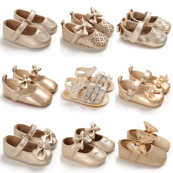 Золотая обувь для ходьбы для крещения новорожденного Элегантная и благородная золотая обувь принцессы Удобная мягкая подошва Нескользящая обувь для ходьбы