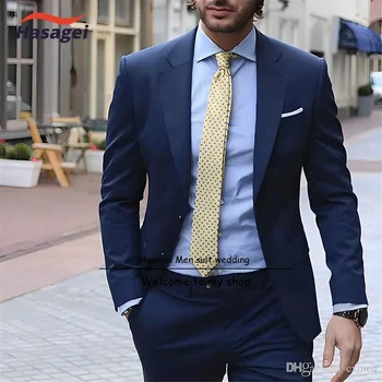 -синий элегантный мужской костюм деловой формальный рабочий костюм приталенный брюки куртка 2 шт. комплект жених свадебный смокинг
