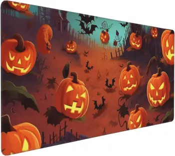  Большой игровой коврик для мыши с принтом на Хэллоуин с прошитыми краями Нескользящая резиновая основа Тыквенный настольный коврик для офисной работы 35,5 x 16 дюймов