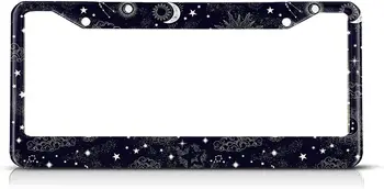  Рамка номерного знака Рамки автоматической метки Луна и звезды над черными номерными знаками Держатель Черный Белый Декоративные Автомобильные Номерные Знаки