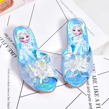 Frozen Princess Elsa Обувь Тапочки Высокие каблуки для девочек Мюли Мода Кристаллы Обувь Детские летние сандалии Размер 26-37