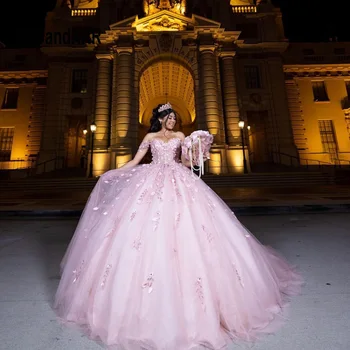 Прекрасное розовое бальное платье Quinceanera Платье 2024 3D цветочный блестящий милашка тюль принцесса Vestido De XV Años Brithday Party Платье