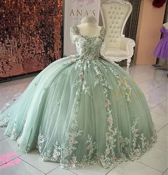 Мятно-зеленый Принцесса Quinceanera Платья Бальное платье Аппликации в виде сердца Sweet 16 Платья 15 Años Custom