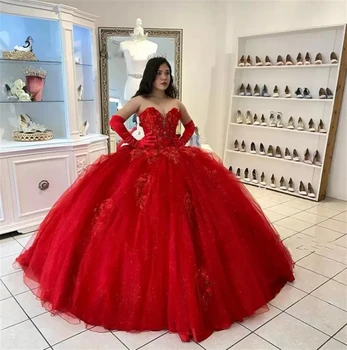 ANGELSBRIDEP Блестящие Vestidos de 15 Años Quinceañer 3D Цветок Возлюбленная Красный Тюль Формальный Золушка Принцесса Платья на день рождения