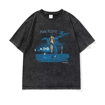  Женская стирка Синяя футболка с принтом Мужские летние футболки с коротким рукавом Уличная одежда Винтажные футболки с рисунком Harajuku Свободные хлопковые топы