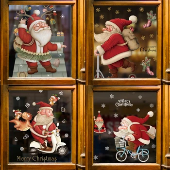  Счастливого Рождества Наклейки на окна Мультфильм Санта-Клаус Рождественская елка Стеклянная витрина Наклейка 2024 Новый год Наклейки на стены Обои Декор