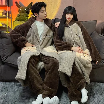 Зимняя толстая термобархатная пижама для пары любителей мультфильмов Пижамы для мужчин и женщин Кардиган Халат пижама para parejas