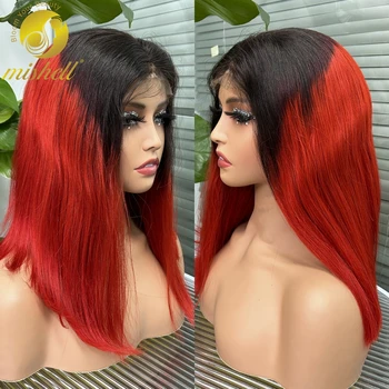 T1B-Красный прямой парик боб парик из натуральных волос 4x4 прозрачный кружевной застежка короткий прямой парик для женщин бразильский реми волосы парики