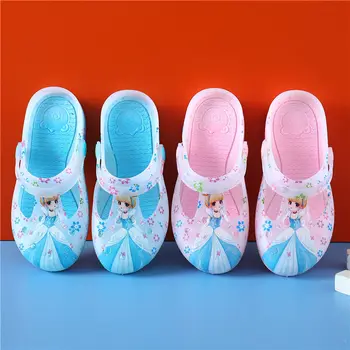 Детские тапочки Летние тапочки для девочек Princess Противоскользящая садовая пляжная обувь Мягкая нижняя детская сандалия Розово-голубая обувь