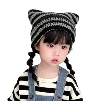 N80C Удобная хлопковая детская шапочка с ушами дьявольского кота Теплая зима для детей
