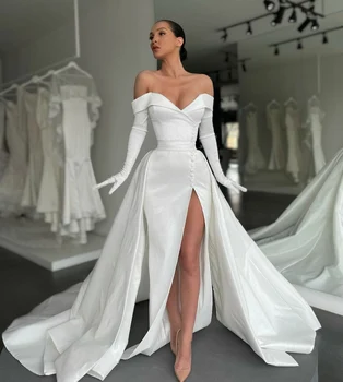 Элегантные длинные свадебные платья из тафты с V-образным вырезом и корсетом сзади с разрезом Халаты А-силуэта De Mariée Свадебное платье для женщин