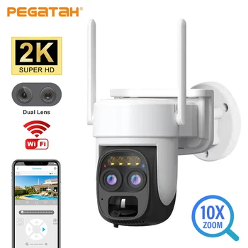 PEGATAH 4MP Камера с двумя объективами Беспроводная наружная камера для наружного наблюдения PTZ Cam Цвет Ночное видение Двустороннее аудиоотслеживание WIFI IP-камеры
