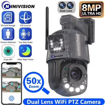 4K 8MP Dual Lens PTZ Control Wi-Fi Камера На открытом воздухе 50-кратный оптический зум AI Обнаружение человека 150-200M Цветная IP-камера ночного видения iCsee