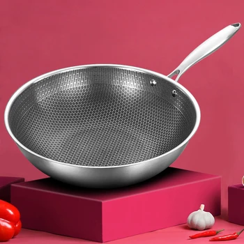 32 см Кухонная сковорода вок без покрытия Fying Pan 7-слойная ковка из нержавеющей стали для электрических, индукционных и газовых плит Здоровая посуда