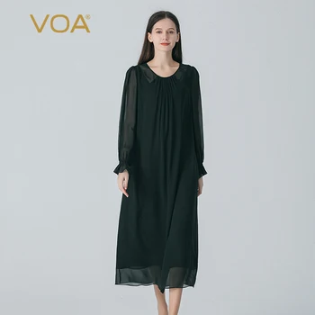  VOA 100% натуральный шелк тутового дерева темно-зеленый с о-образным вырезом и расклешенными рукавами плиссированные платья женщины двухслойное длинное платье из жоржета из шелка AE1886