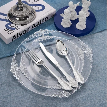  Новый набор одноразовой посуды на 10 человек Прозрачный серебряный пластиковый поднос с одноразовыми серебряными очками Принадлежности для вечеринки по случаю дня рождения