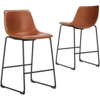  Набор барных стульев с высотой столешницы из 2 кожаных барных стульевБарные стулья, 26-дюймовые барные стулья без подлокотников с металлическими ножками