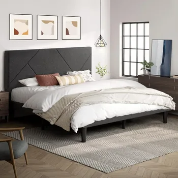 Каркас кровати, сверхпрочная кровать-платформа, пружинная коробка не требуется, темно-серый, очень большая мягкая рама кровати с геометрическим изголовьем