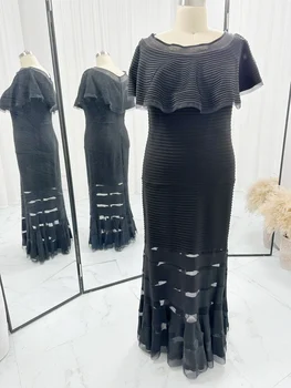 Черный Высокое Элитное Кружевное Полое Рукав Облегающее Платье Длинная Юбка M1212