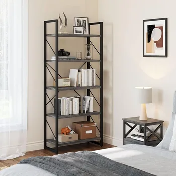YITAHOME 5-ярусная книжная полка, промышленный вычурный серый книжный шкаф книжные полки для фильмов в гостиной домашний офис