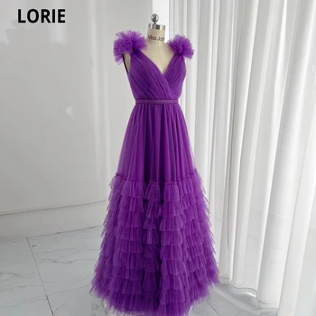 LORIE Тюль Вечерние платья А-силуэта Vestidos De Gala V-образный вырез Плиссированные многоуровневые фиолетовые платья для вечеринок Вечерние платья с открытой спиной