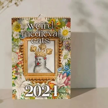 HOT-Weird Средневековый календарь кошек Календарь на 2024 год Настенный календарь на 12 месяцев Подвесной для офиса Домашний подарок Мелованная бумага A