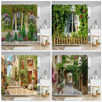 Тосканский декор Коллекция Тосканский дом с деревенской деревянной дверью и цветами Изображение Полиэстер Ткань Занавески для душа Декор ванной комнаты