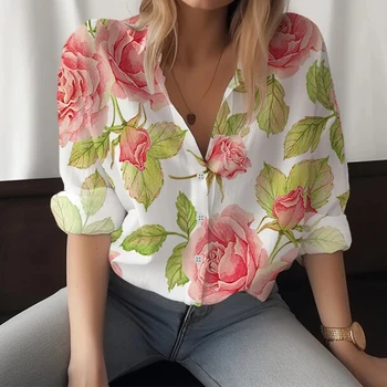 Новый Весенний Цветок Роза 3D Печать Женская Рубашка Мода Красивая Уличная Одежда Harajuku Повседневная Женская Рубашка С Длинными Рукавами Одежда