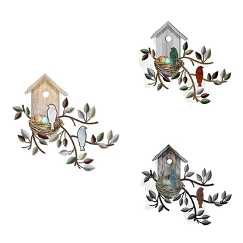 Металлическое висячее дерево с скворечником Настенное искусство Наружный настенный декор Украшения для птиц для дома Металлический лист Настенный декор