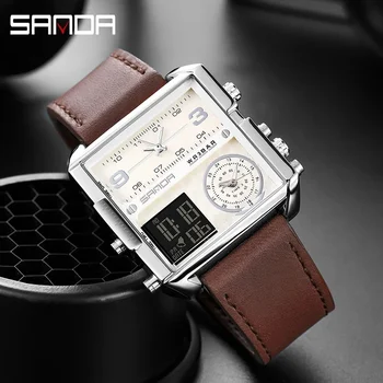 SANDA Модные мужские кварцевые часы Коричневый кожаный ремешок Квадратный циферблат Дизайн Три раза Мужские часы Многофункциональные Reloj Hombre 6023