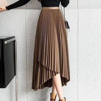 корейский темперамент высокая талия асимметричная плиссированная юбка лето новый стиль миди юбки сплошной цвет шикарная юбка А-силуэта с разрезом P122
