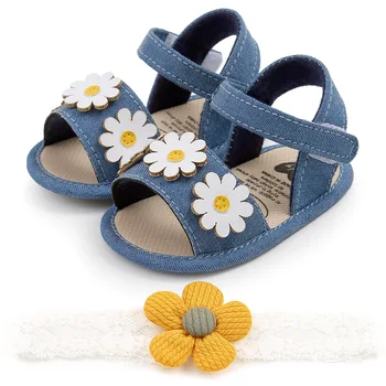 Цветы Сандалии Обувь для девочек Летние повседневные милые детские туфли с повязкой на голову Первые ходунки Мягкая терновая детская обувь для новорожденных