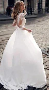 2024 A Line Illusion Back With Button Платье невесты Vestidos de Novia Кружевные аппликации Свадебные платья для женщин Атлас Элегантный